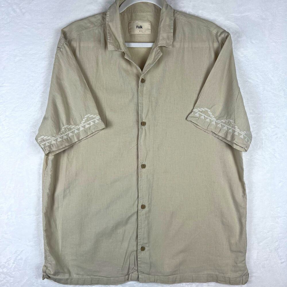 Folk Men's Large Beige Linen Cotton Short Sleeve Button Up Shirt Embroidered